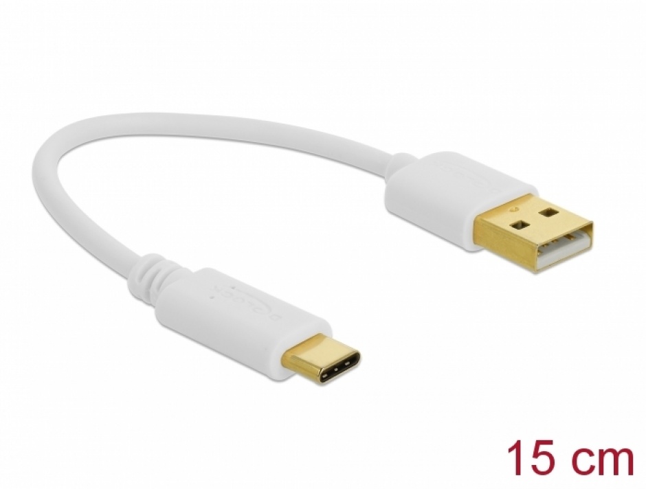Cablu de incarcare USB 2.0 la USB-C T-T 15cm Alb, Delock 85352